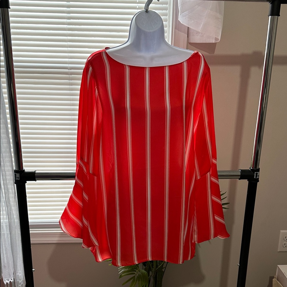 Banana Republic Red/Orange White Vertical Stripe Bell-Sleeve Blouse